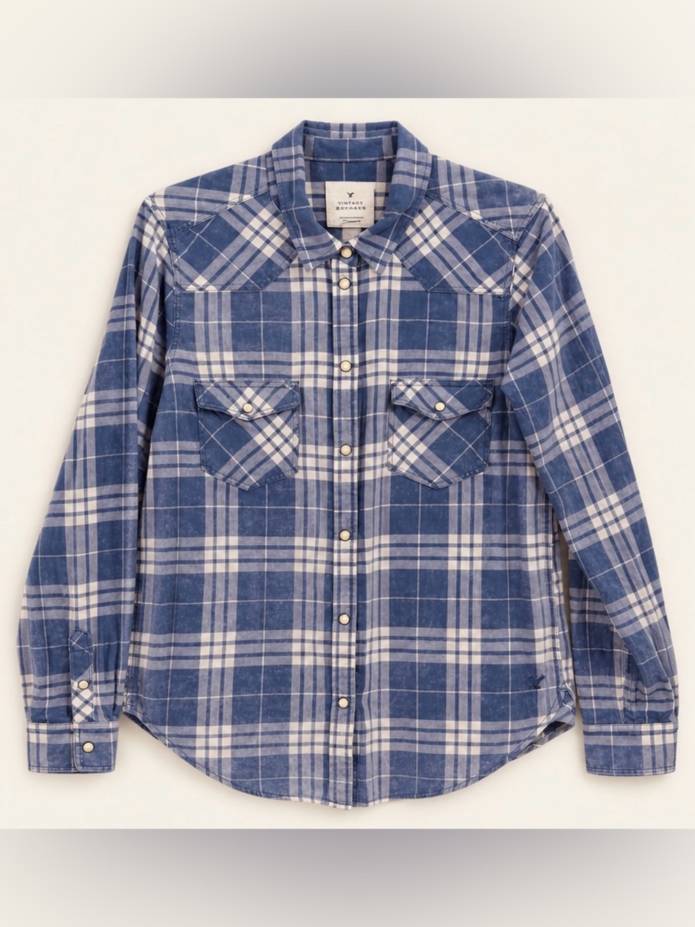 American Eagle Vintage Boyfriend Western Pearl Snap Shirt M Blue Plaid